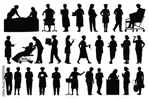 Vector art of silhouette of medical professionals and patients in various poses, including doctors, nurses, and patients in wheelchairs and stretchers