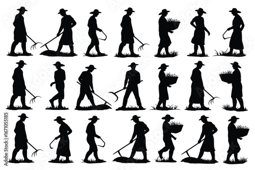 Vector art of silhouette of farmers working in the field with various tools like rakes and scythes, harvesting crops and carrying baskets