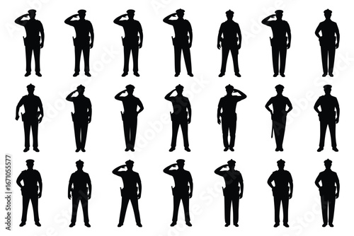 Vector art of silhouette of police officers in various poses, representing law enforcement, security, and authority figures
