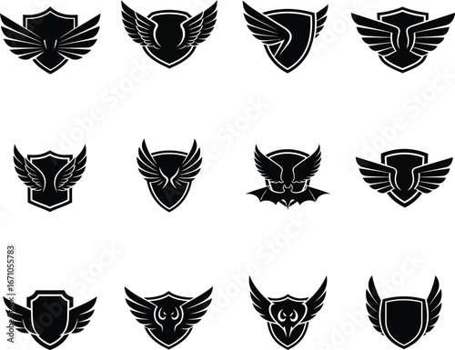 Heraldic shield set with decorative wings and vintage emblem design