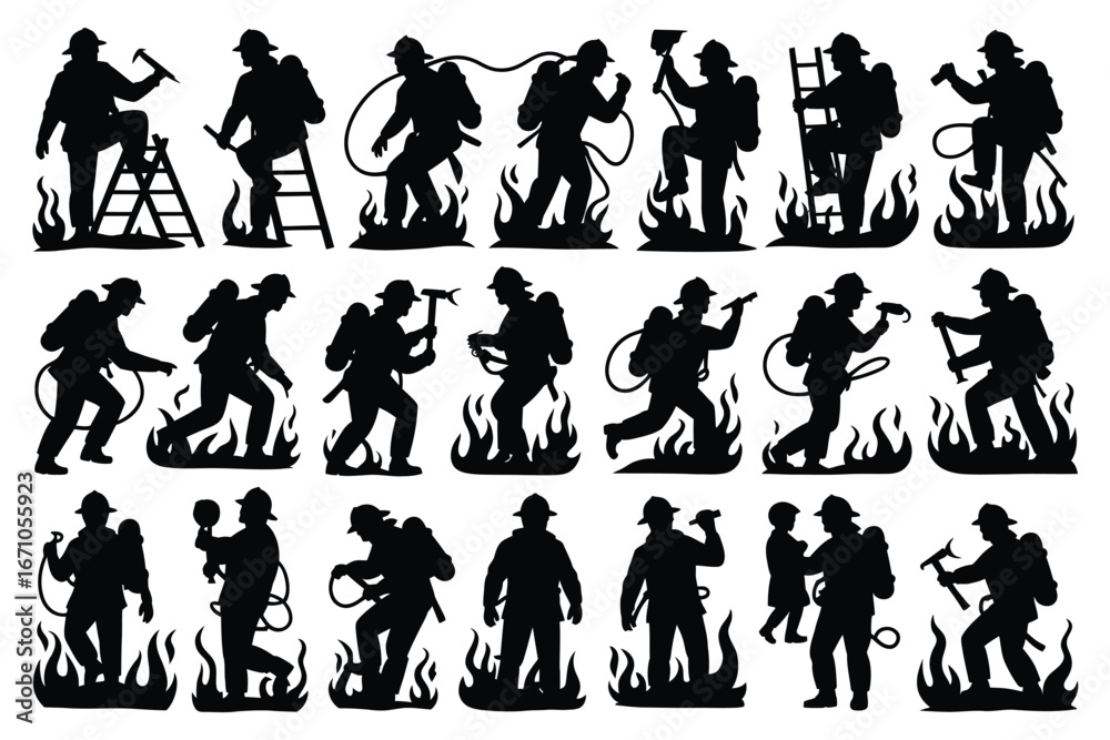 Obraz premium Vector art of silhouetted firefighters in action, battling flames with equipment, showcasing bravery, teamwork, and dedication to rescue and safety