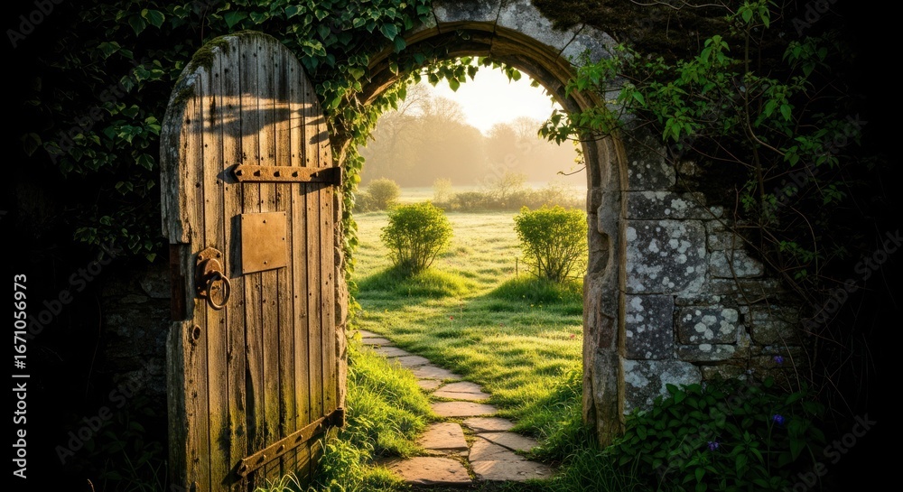 Fototapeta premium Stone archway with weathered wooden door opening onto sunlit meadow