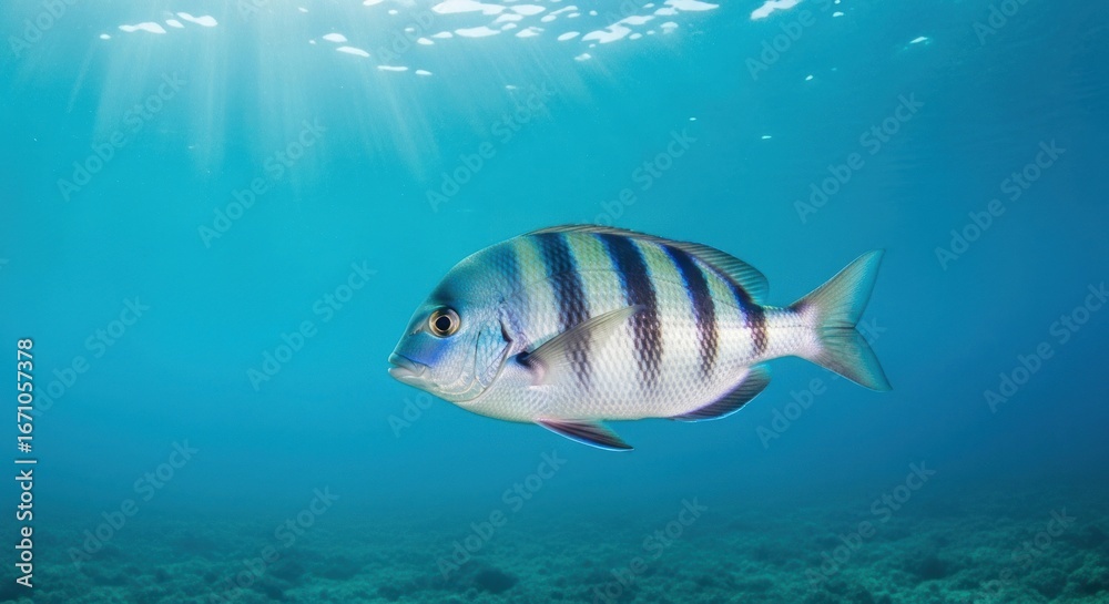 Fototapeta premium Striped fish swims in bright blue water with sun rays shining down