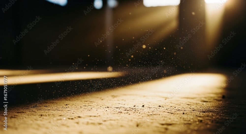 Obraz premium Sunbeams stream in through gaps, lighting dust motes in a dark, empty space