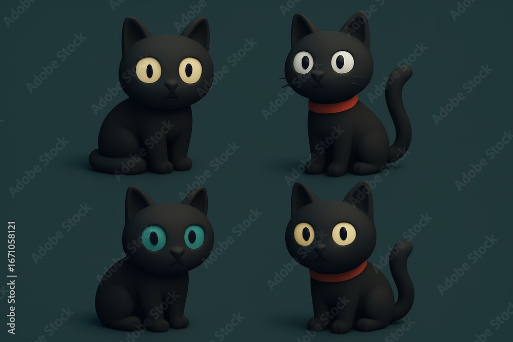 Fototapeta premium Cute Black Cat Cartoon Figures Set with Wide Eyes and Red Collars in Dark Background