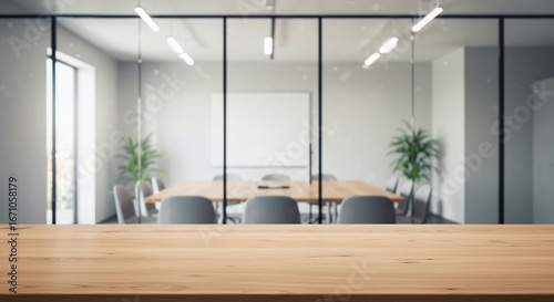 Blurred conference room with wooden table in foreground