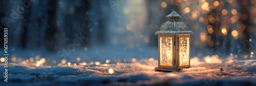 Warm Lantern Glowing Brightly Amidst a Snowy Forest During Twilight, Creating a Magical Winter Atmosphere