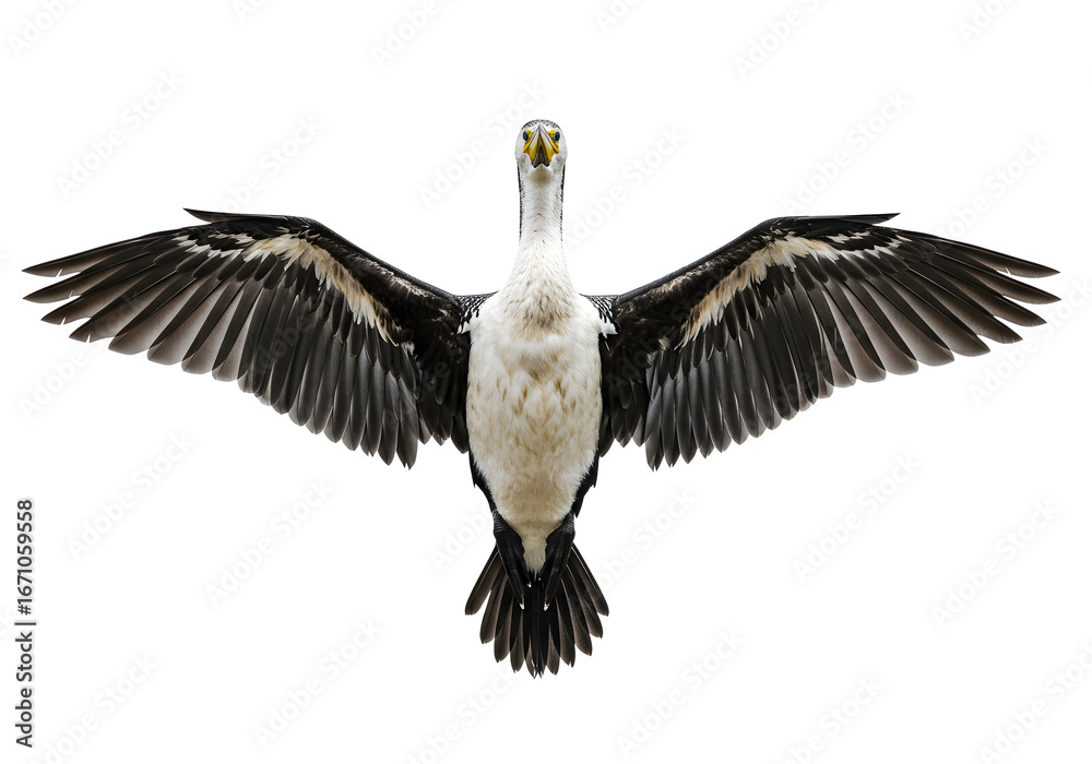 Fototapeta premium Majestic Waterbird's Aerial Display: Spreading Wings Wide on a Clear, Pristine Backdrop for a Dramatic Ornithological Visual, isolated against a white background.