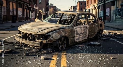 Burnedout car sits on a debrisstrewn city street with boardedup buildings in the background