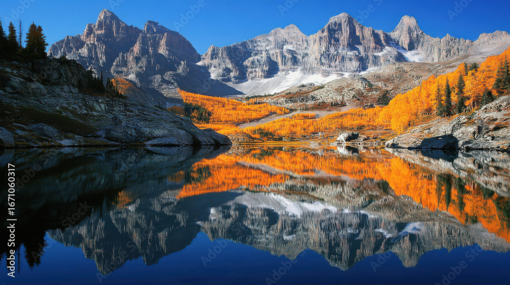 Obraz premium Majestic mountain peaks reflect in a calm alpine lake surrounded by autumn foliage