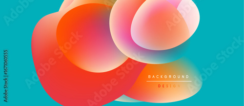 Abstract shapes overlap, creating vibrant color gradients. Turquoise background complements warm orange, pink hues. Modern design element.