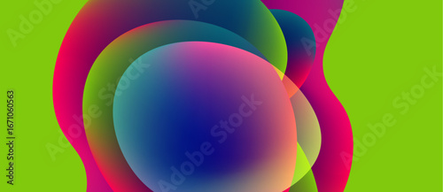 Abstract vibrant shapes overlap, creating colorful gradients. Lime background contrasts with flowing forms. Modern design element.