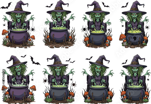 Creepy cartoon witch stirring green potion in cauldron with bats, spiders, mushrooms, perfect for Halloween decorations and spooky illustrations.