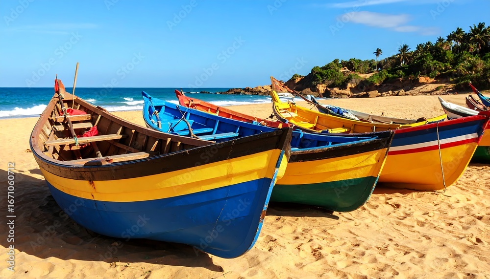 Fototapeta premium Colorful fishing boats on a sandy beach