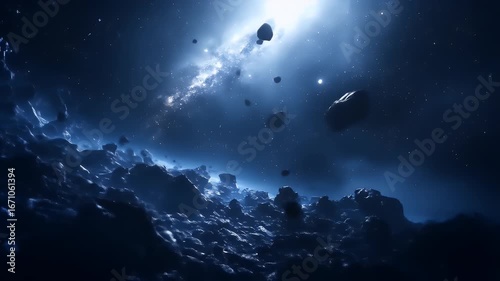 Distant exoplanet discovery visualization, transit light curve. Cosmic Scene with Asteroids and Distant Galaxy in Space