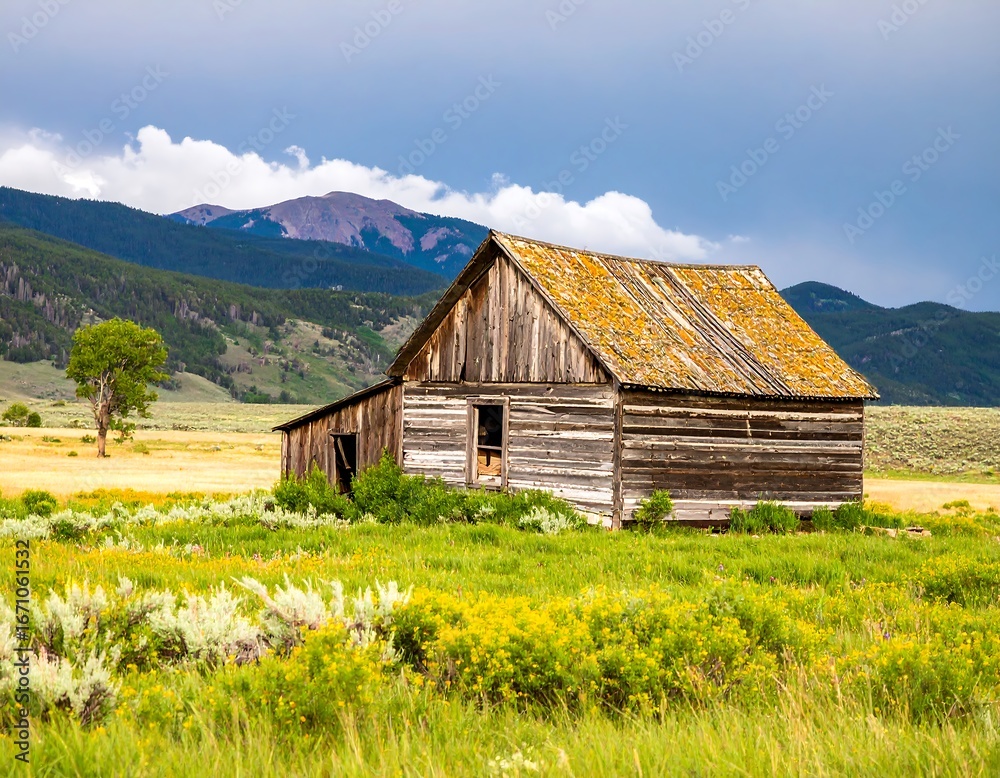 Obraz premium Rustic wooden cabin in a meadow, mountains in the background
