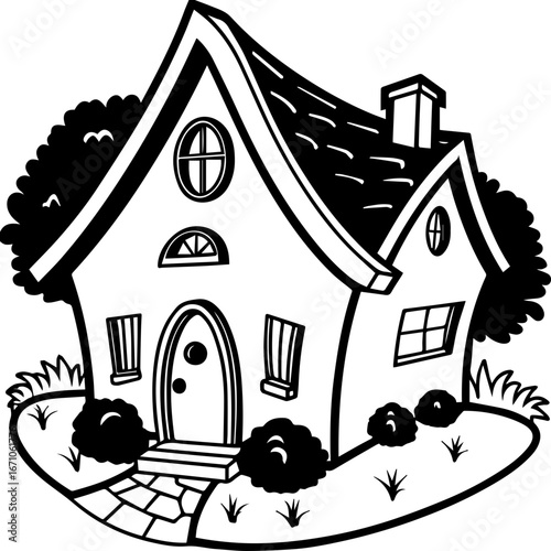 SVG vector illustration of a cute yet strange decorative style.Charming Cartoon House Illustration in Black and White Style