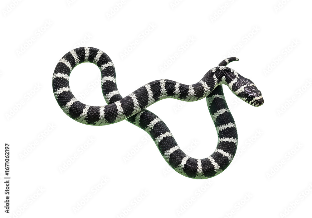 Naklejka premium Striking black and white patterned snake gracefully coiled on a pristine white background, showcasing its unique beauty and intricate scale patterns in sharp detail.