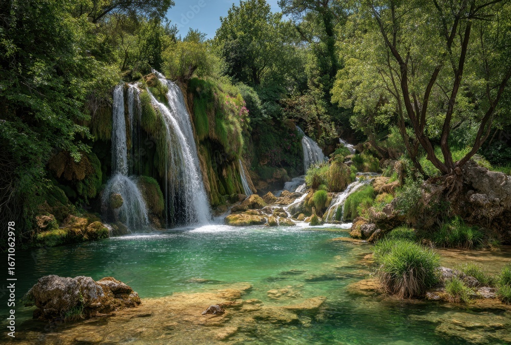 Obraz premium Serene waterfall cascading into a clear pool surrounded by lush green forest
