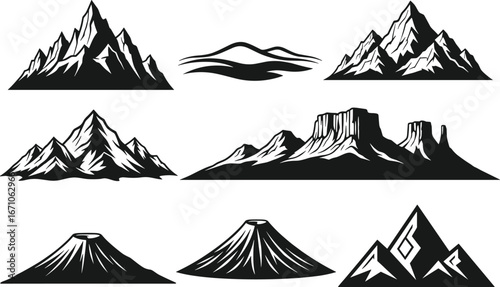 Vector set of black and white mountain illustrations with peaks, volcanoes, hills, and rocky landscapes for outdoor adventure designs.