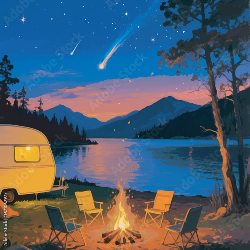 Cozy Night Camping by the Lake with Forest Background Vector Design Template