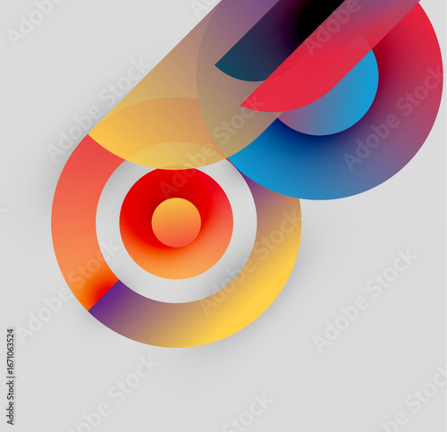 Abstract colorful shapes overlap, creating dynamic visual effect. Gradients blend smoothly, offering modern aesthetic.
