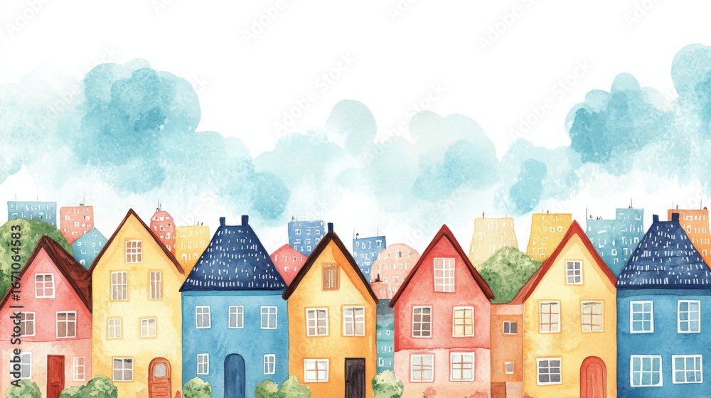 Naklejka premium A colorful watercolor illustration of charming houses set against a cloudy sky, showcasing vibrant colors and quaint architectural styles.