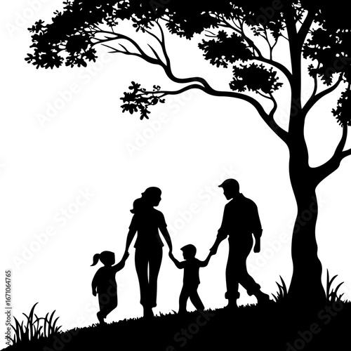 silhouette of family holding hands at sunset, unity and parenting vector illustration
