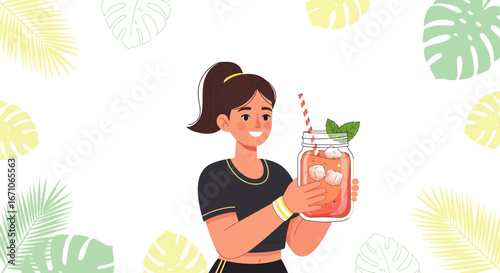 Cheerful Woman Holding Refreshing Drink With Palm Leaves Artistic Background