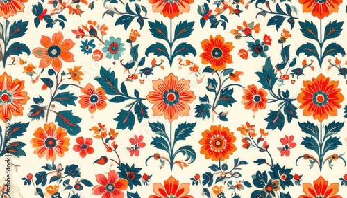 Timeless Folk Art Floral Tapestry with Vibrant Orange and Teal Blooms.