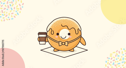 Cheerful Animated Donut Character Offering Coffee, Sweet Breakfast Concept Delightfully Expressed