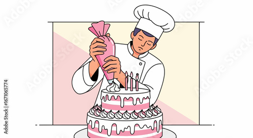 Baker Decorating Multi-Tier Cake With Icing For Celebration, Confectioner With Hat And Uniform