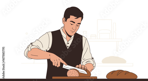 Baker Delicately Slicing Artisan Bread in Well-Lit Kitchen, Illustrative Style
