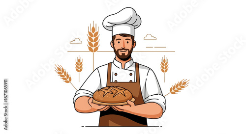Baker Holding Fresh Bread, Illustration Of Loaf And Wheat, Bakery Concept