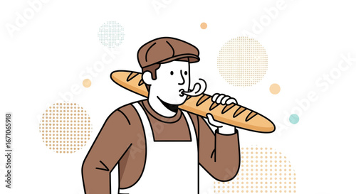 Baker Holding Freshly Baked Baguette in Modern Flat Illustration on White Background