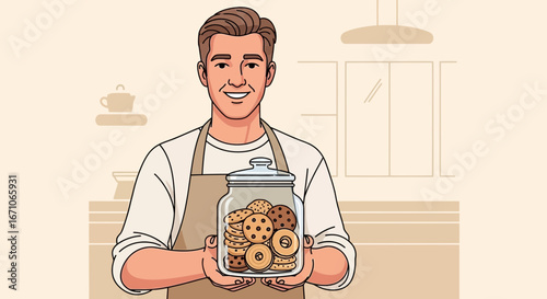 Cheerful Baker Holding Jar Of Delicious Cookies Ready To Be Enjoyed in The Kitchen