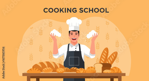 Cheerful Baker in Kitchen Preparing Baked Goods for Baking School Instruction Perfectly