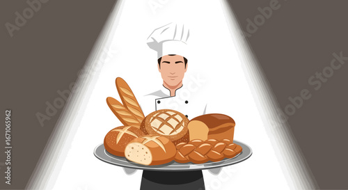 Baker Holding Tray Of Fresh Baked Bread, A Culinary Professional Serving Delicious Pastries