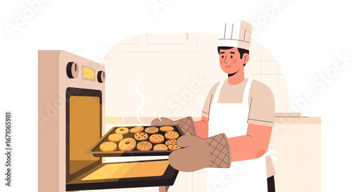 Baker Is Removing Freshly Baked Cookies From Oven, Making Delicious Food