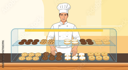 Cheerful Baker Presenting Baked Goods in a Display Case for Customers to Enjoy Freshly Made Treats