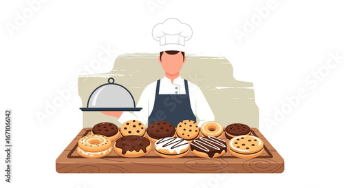 Cheerful Baker Presenting Sweet Treats Arrayed For Customers, Ready For Service