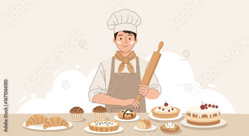 Cheerful Baker Presents His Fresh Pastries, Ready For Enjoyment By Everyone, Deliciously