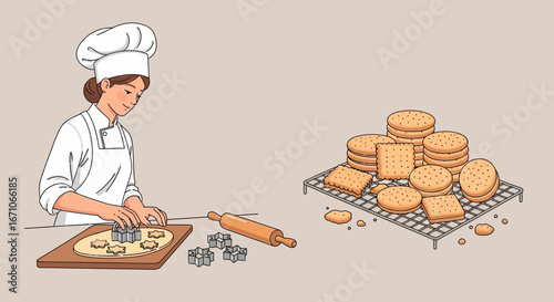 Baker Preparing Star-Shaped Cookies in a Kitchen Scene and Fresh Baked Treats