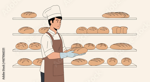 Baker Presenting Freshly Baked Bread Loaf in Bakery Setting with Shelf Display of Bread