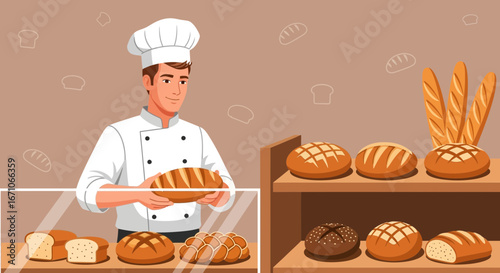 Baker Presenting Freshly Baked Bread with a Variety of Loaves Ready to Sell