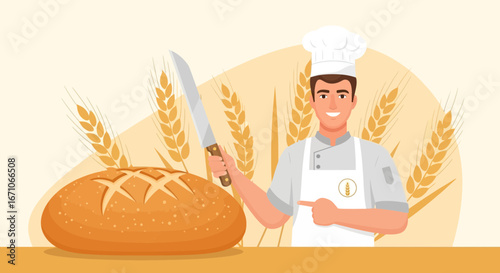 Baker Proudly Displaying Freshly Baked Loaf Of Bread And Slicing Knife to Promote Products