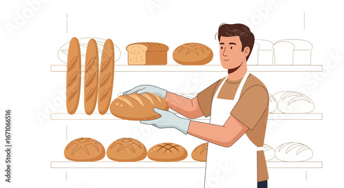 Baker Proudly Displays Freshly Baked Bread, Creating a Delightful Culinary Scene