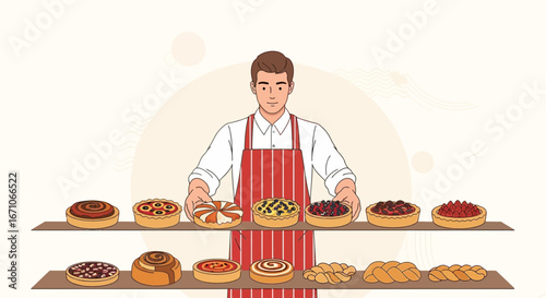 Baker Proudly Presenting Delicious Pies and Pastries Freshly Baked for Customers To Enjoy