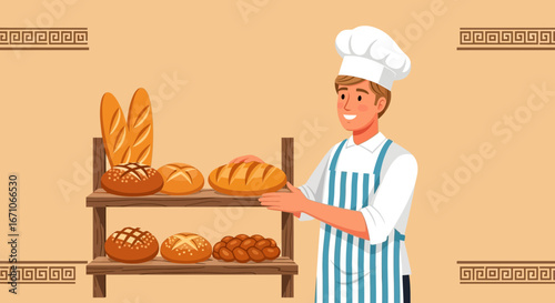Baker Proudly Displays Freshly Baked Breads And Pastries In A Warm And Inviting Bakery