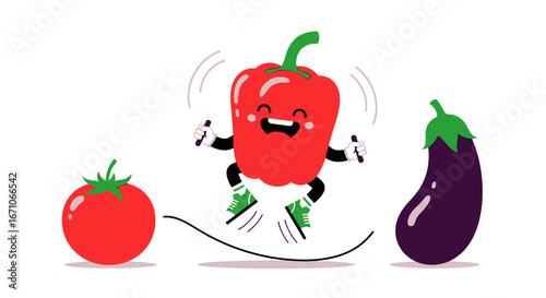 Cheerful Bell Pepper Jumping Rope Amongst Tomato And Eggplant, Staying Healthy